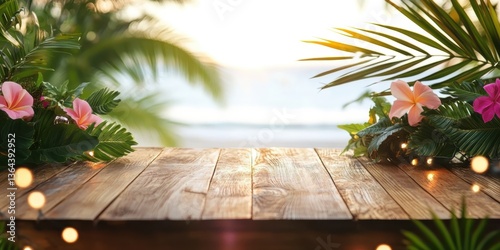 Fototapeta Naklejka Na Ścianę i Meble -  Empty wooden table, beautiful palm leaves and tropical flowers around decorated festive garland with lights. Beach blurry background.