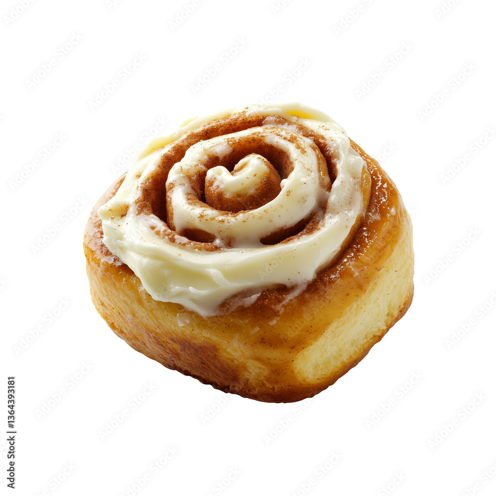 A delicious cinnamon roll topped with creamy frosting, featuring a spiral design and a golden-brown crust. A delicious cinnamon roll topped with creamy frosting, featuring a spiral design and a golden-brown crust.