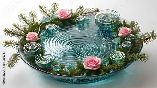Pine Tree branches tangled in a whirlpool of swirly glass, glass roses, pine tree, organic
