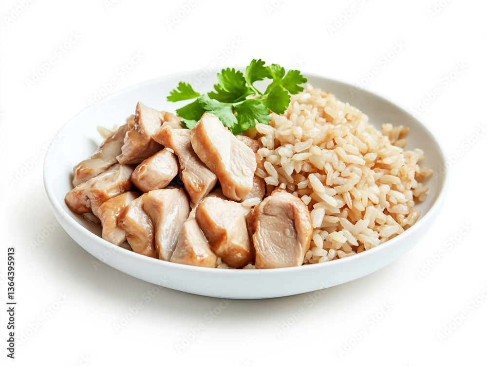 A white plate of rice with chicken, isolated on a white background A white plate of rice with chicken, isolated on a white background