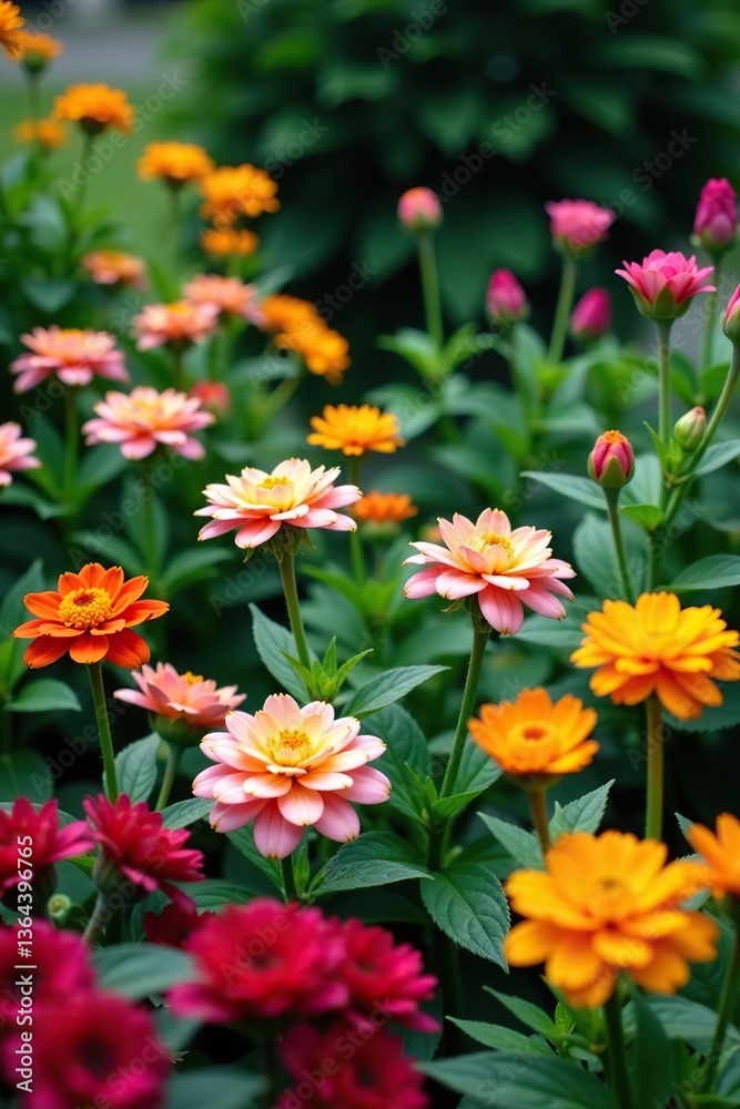 Colorful array of blooming flowers in a vibrant garden setting surrounded by lush green foliage, blooming, outdoors Colorful array of blooming flowers in a vibrant garden setting surrounded by lush green foliage, blooming, outdoors