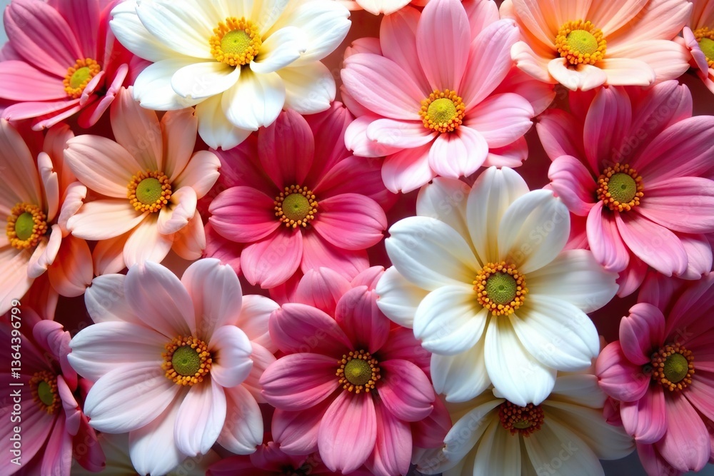 Colorful array of vibrant flowers in pink, white, and peach hues, creating a lively floral arrangement perfect for decoration, vibrant, flowers Colorful array of vibrant flowers in pink, white, and peach hues, creating a lively floral arrangement perfect for decoration, vibrant, flowers