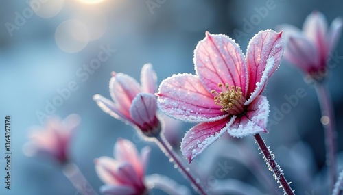 Close up of delicate frozen plants and flowers covered in icy crystals,  winter,  abstract