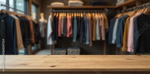 Empty wooden table top in front of a clothing store background with hanging racks and shelves filled with various apparel items,  hanging racks,  fashion