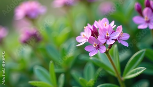 Close-up of delicate purple thyme flowers in full bloom, with vibrant green leaves in the background,  herb, thyme flowers