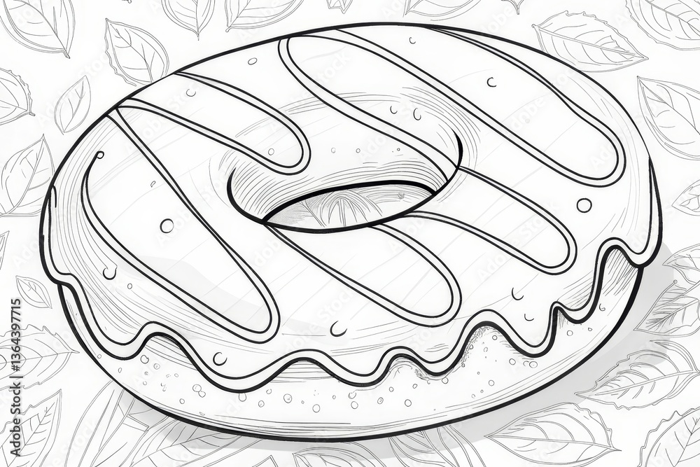 Bakery theme, Colorful donut surrounded by leaves, in a playful and artistic style. Outline for coloring. Bakery theme, Colorful donut surrounded by leaves, in a playful and artistic style. Outline for coloring.