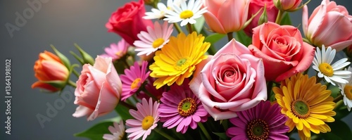 Colorful bouquet with a mix of roses, daisies, tulips, and lilies in a close-up view,  arrangement,  bouquet