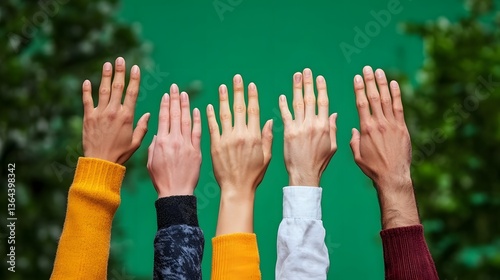 A group of diverse hands reaching up together in a show of support for a human rights movement or cause
