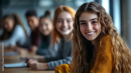 A smiling young woman with long brown curly hair sits at a table with her friends in the background du a class or study session.