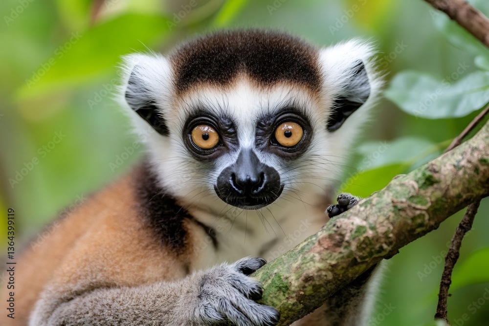 Obraz premium Crowned lemur holding a branch and looking intensely in Madagascar