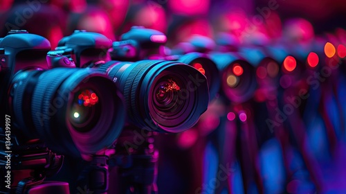 Photography Equipment Arranged Neatly Focused With Colorful Neon Lighting