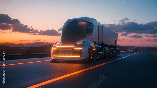 Autonomous Trucking Futuristic truck on an empty highway at sunset, showcasing sleek design and vibrant colors.