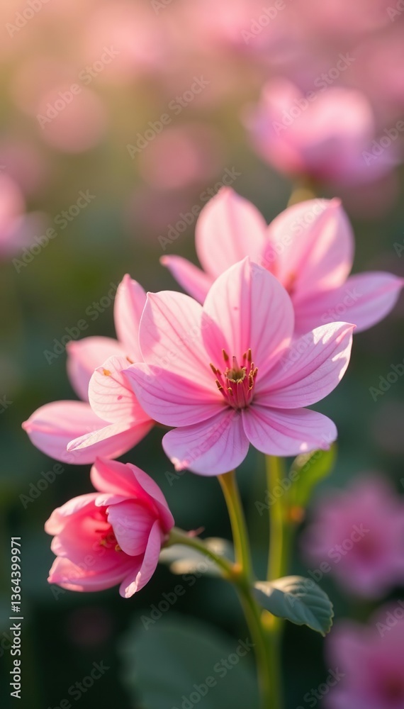 Fototapeta premium Delicate pink flowers in soft focus background with blurred petals and gentle lighting, delicate, soft focus