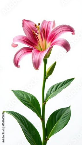 Delicate pink stargazer lily flowers in bloom with lush green leaves on white background,  bloom,  background
