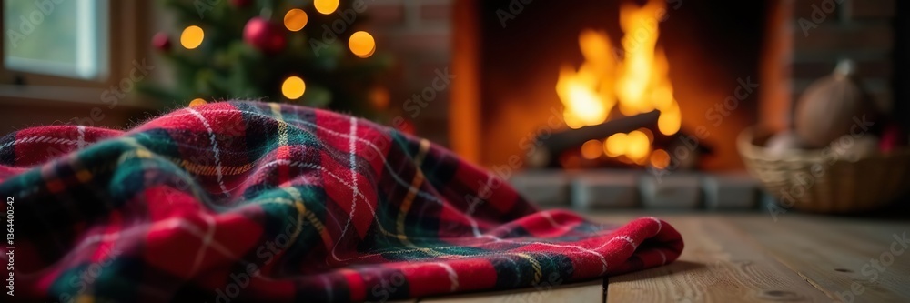 Obraz premium Cozy plaid blanket by crackling fire in warm Christmas scene, comfort, warm