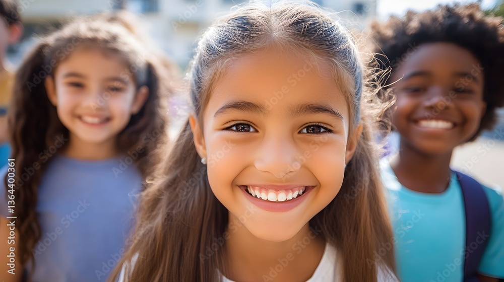 A happy diverse group of elementary school children smile brightly for the camera outdoors on a sunny day. A happy diverse group of elementary school children smile brightly for the camera outdoors on a sunny day.