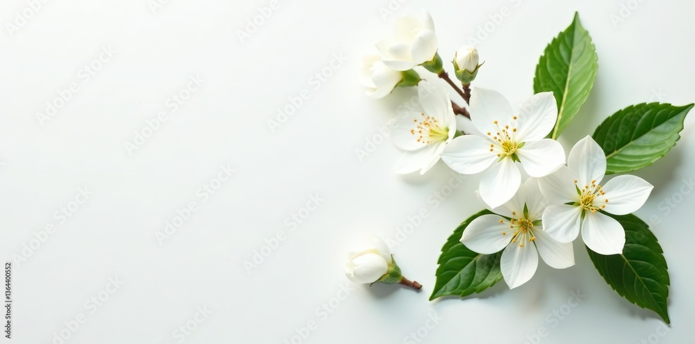 Fototapeta premium Delicate white blossoms and green leaves elegantly arranged on a white background, perfect for invitations, cards, and elegant designs, leaves, invitation