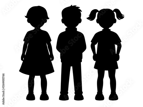 "Silhouette of Three Children Standing Side by Side - Black and White Illustration"