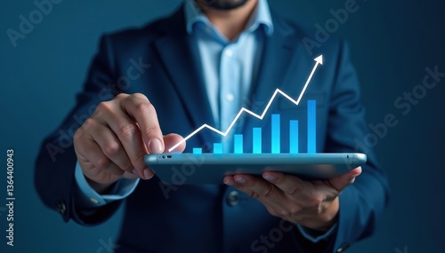 Businessman analyzing financial data and growth graph for strategic planning and investment progress on blue background,  businessman,  growth