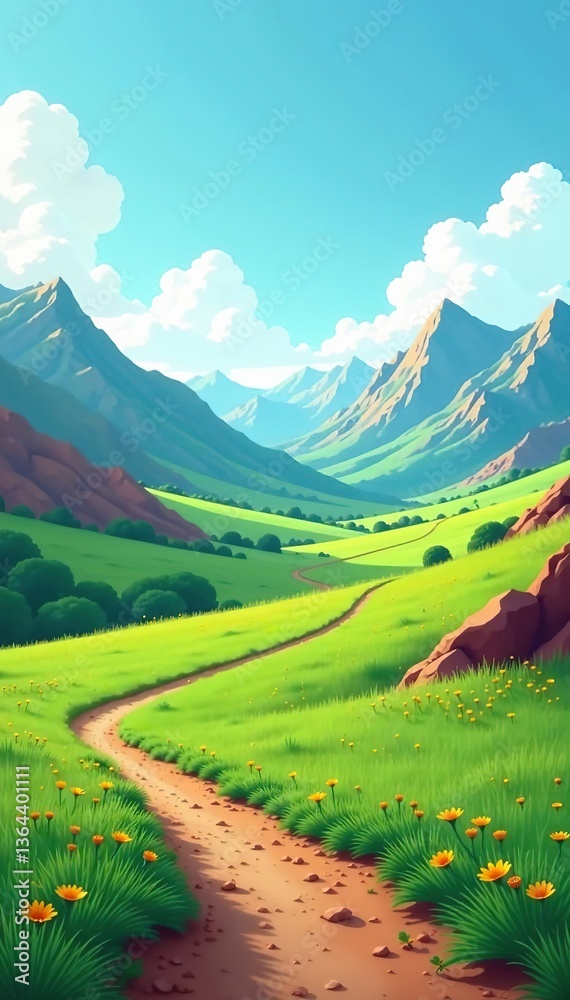 Fototapeta premium Flat landscape illustration of a calm day scene with green meadow, desert hills, and a road winding through mountains, vector, road