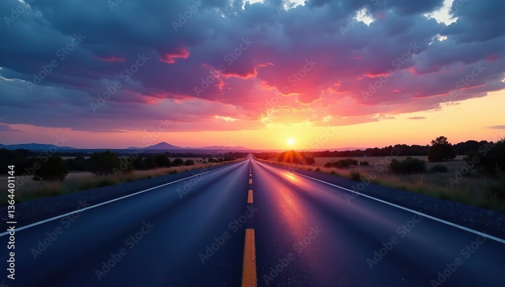 Naklejka premium Flat, large asphalt road under evening light with stunning twilight sky, sunset, outdoor