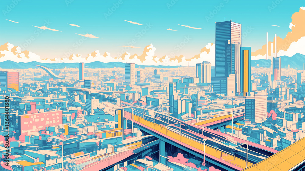 Obraz premium 青空と入道雲が美しい夏の都会風景イラスト・清涼感のある爽やかな都市景観・手描き感あふれる線画調のレトロポップスタイル・街並みと緑の自然が調和した癒し系背景素材・夏休みの日常・青春