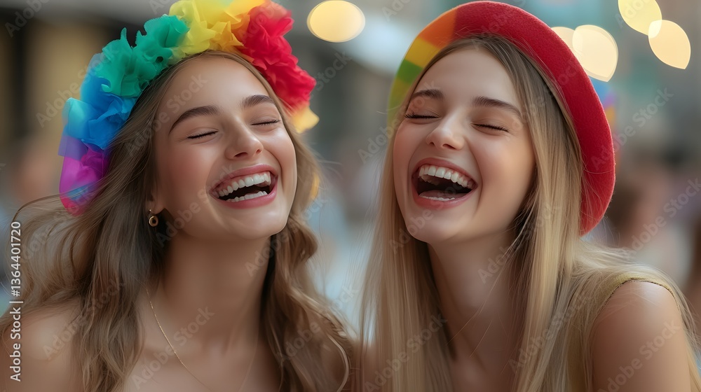 Fototapeta premium Two young women wearing vibrant pride themed clothing and accessories such as rainbow headbands are laughing together in a celebratory joyful manner
