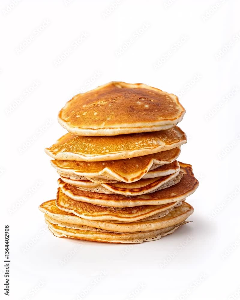 Stack of golden pancakes falling down on a plain white background Stack of golden pancakes falling down on a plain white background