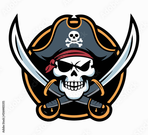 Logomark with a skull and 2 swords, pirate theme.