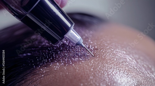 Close-up view of a person receiving a scalp micropigmentation treatment. The fine needle of the device is carefully applied to the scalp.