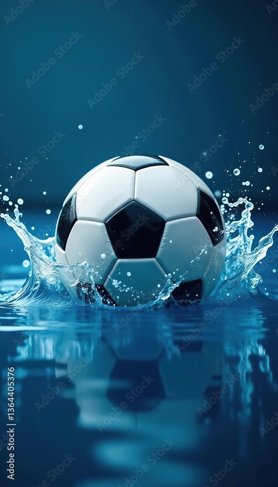 Naklejka premium Dynamic soccer ball in blue water ripples with splash effects on fluid background, dynamic, background