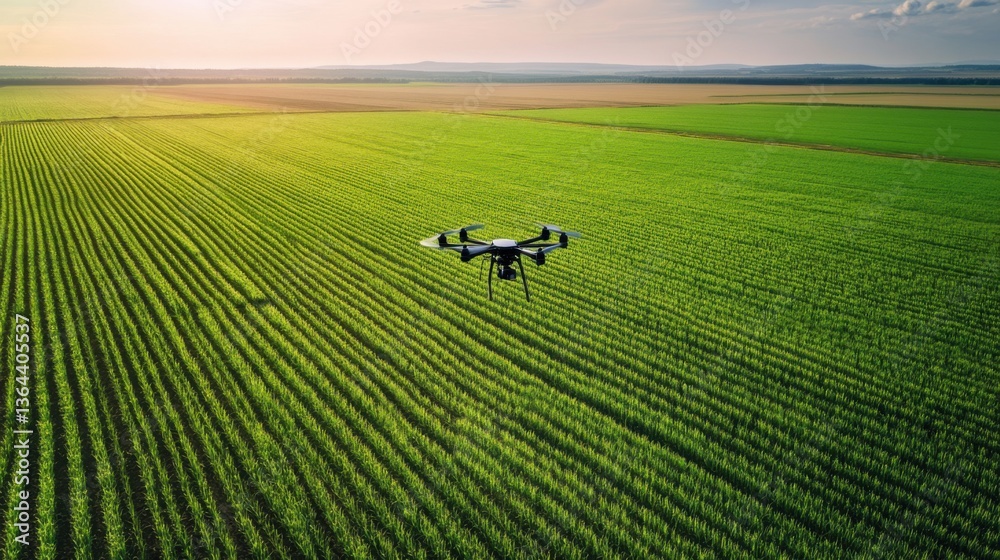 A person using a drone to monitor crop health in a large agricultural field, rural farm with drone capturing aerial footage of crops for analysis, High-tech style A person using a drone to monitor crop health in a large agricultural field, rural farm with drone capturing aerial footage of crops for analysis, High-tech style