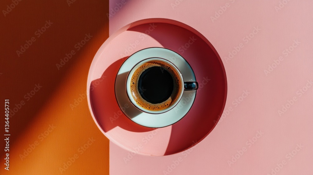 Espresso on pastel tray, sunlight shadows Espresso on pastel tray, sunlight shadows