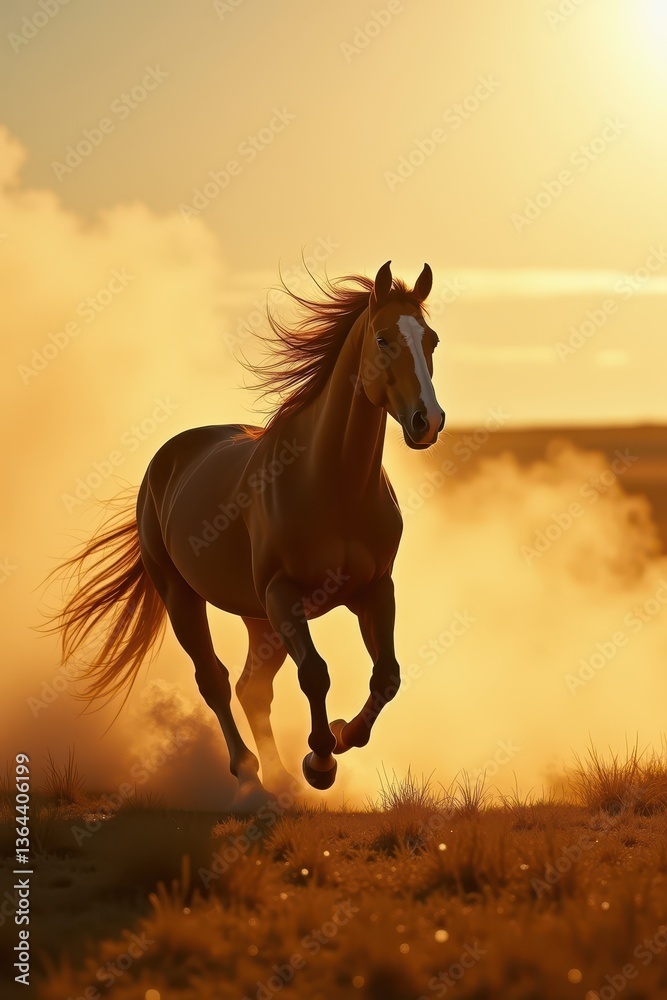 Obraz premium Horse galloping dusty sunset landscape