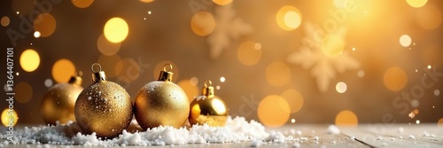 Christmas gold background with balls and snowflakes at top, ideal for festive winter business promotions,  balls,  snowflakes