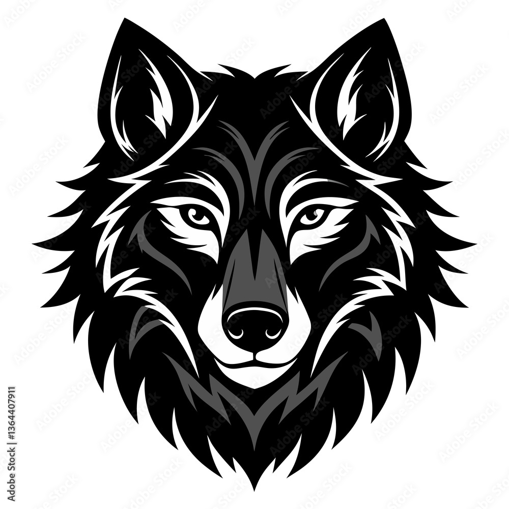 Fototapeta premium Black Wolf Head Silhouette Vector Illustration. Fierce and Wild Canine Design, Perfect for Logos, Tattoos, Stickers, Emblems, and Minimalist Wildlife Graphic Art on White Background