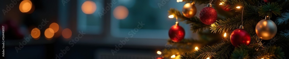 Fototapeta premium Christmas tree adorned with twinkling new year lights in a festive background, winter, holiday