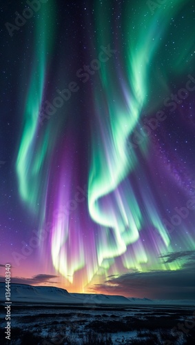 In the mesmerizing scene, swirling ribbons of vibrant green and purple Northern Lights dance across a vast cosmic expanse, framed by a backdrop of twinkling stars and distant galaxies. 