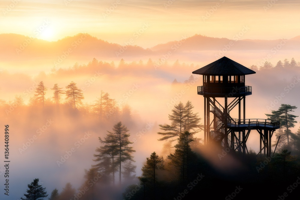 Observation tower rising above the misty forest at sunrise Observation tower rising above the misty forest at sunrise