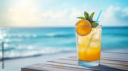 Refreshing tropical summer drinks with citrus fruits and mint leaves served in clear glasses on a wooden table by the beach with a bright ocean backdrop, perfect for holiday and vacation concepts.