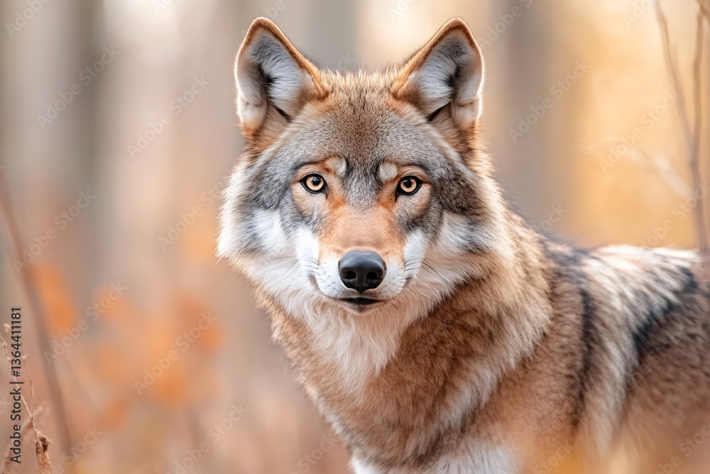Eurasian wolf looking intensely in the forest during autumn Eurasian wolf looking intensely in the forest during autumn