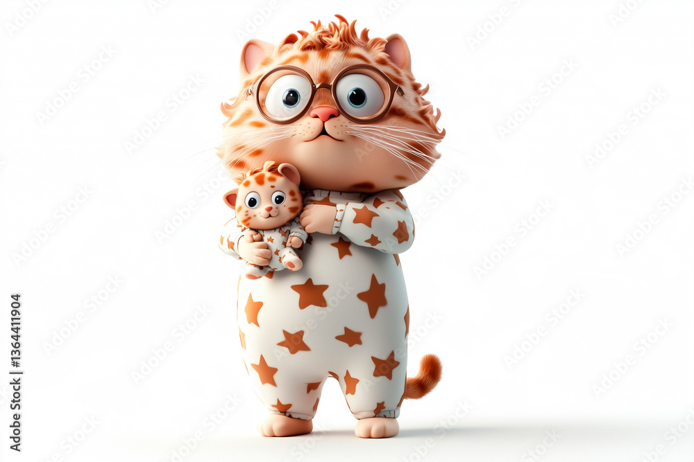 Obraz premium A fluffy 3D cartoon cat mascot with soft pastel fur, dressed in an adorable star-patterned pajama set, holding a tiny plushie, with a sleepy yet happy expression, isolated on a pure white background
