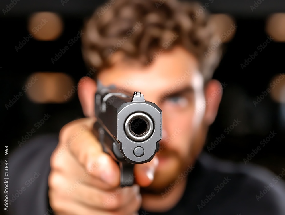 Man Aims Gun, Close-up Man Aims Gun, Close-up