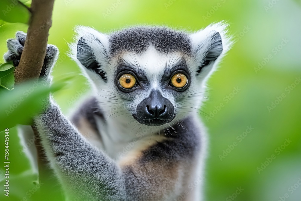 Fototapeta premium Ring-tailed lemur holding a branch and staring with intense orange eyes