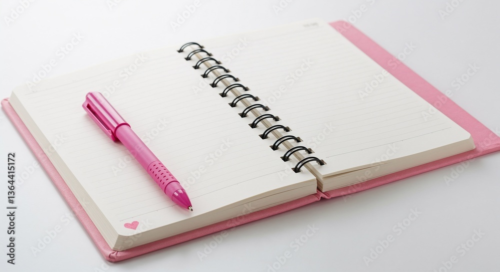 Open pink notebook with heart drawing and pink pen on white background for love and inspiration concept Open pink notebook with heart drawing and pink pen on white background for love and inspiration concept