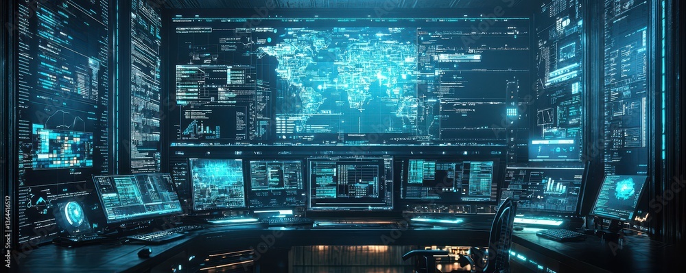 Obraz premium A futuristic control room filled with multiple screens displaying data, maps, and graphs, ideal for monitoring and analysis in technology-driven environments.