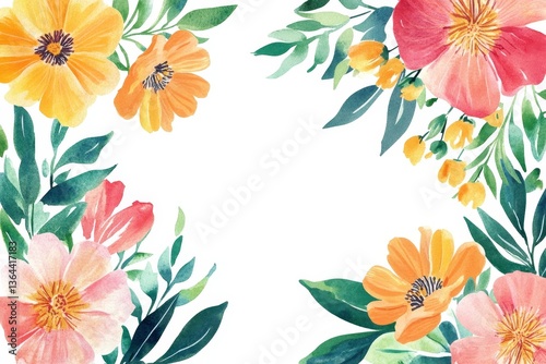 Watercolor floral theme. White background with colorful minimalist flowers on the edges, leaving most of the space for text.