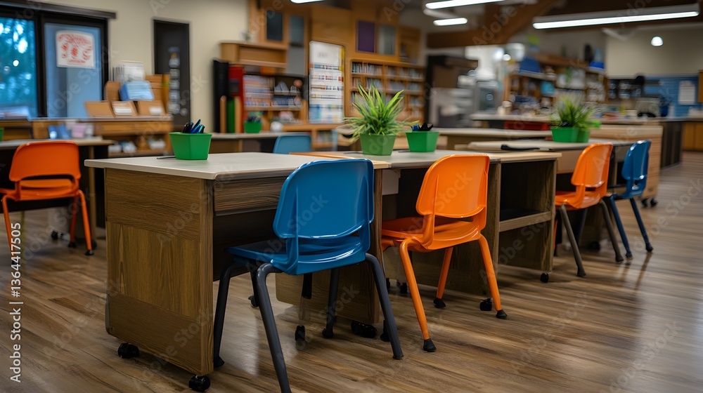 A bright and cheerful classroom features colorful desks and chairs arranged for collaborative learning in a modern school setting. A bright and cheerful classroom features colorful desks and chairs arranged for collaborative learning in a modern school setting.
