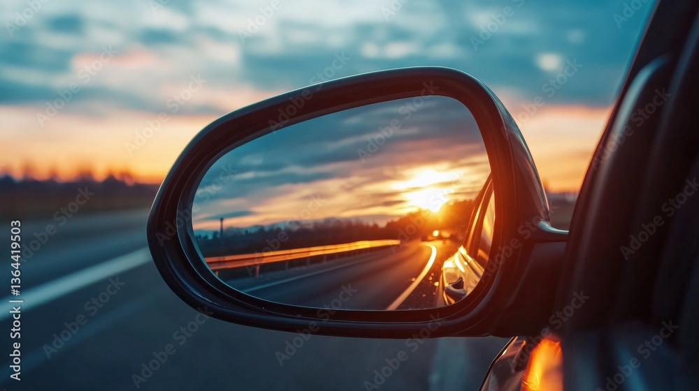 Sunset reflected in a car's side mirror with a winding road in the background. Sunset reflected in a car's side mirror with a winding road in the background.