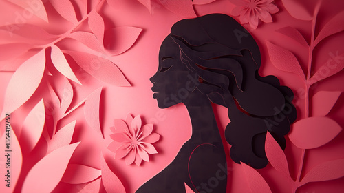 Paper Cutout Illustration of a Woman's Silhouette with Pink Floral Design. Beautiful paper-cut silhouette of a woman surrounded by vibrant pink floral design